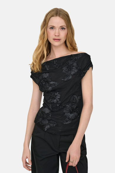 Zwarte blouse met korte mouwen van JDY, met bloemmotieven.
