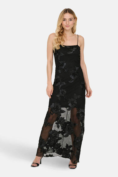 Robe sans manches noire de JDY, avec des détails de fleurs brodés et une jupe transparente.