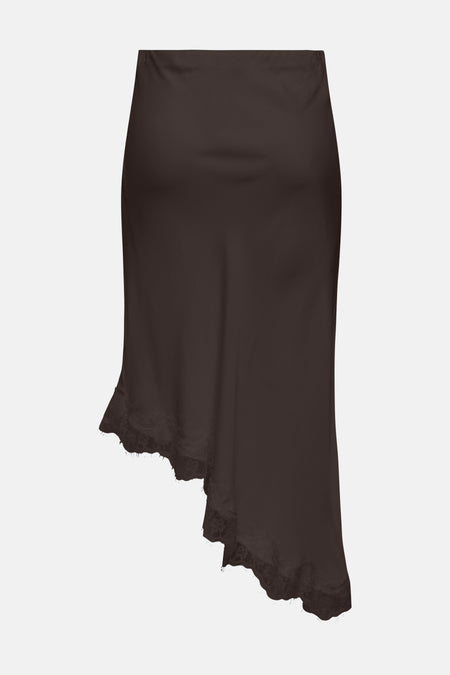 Bruine 3/4 rok van ONLY® van glanzende stof met asymmetrische zoom en kanten details.