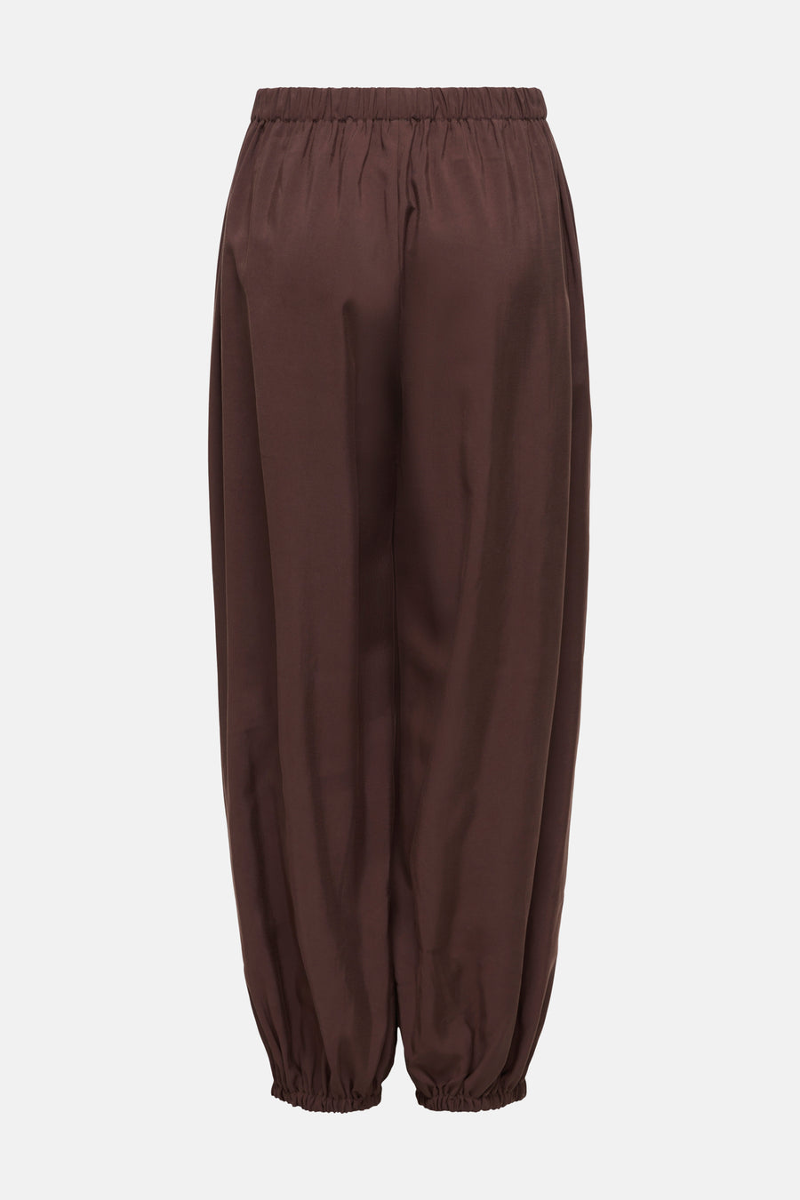 Bruine broek van ONLY® met elastische taille en geplooide enkels, wijde pasvorm, achterkant.