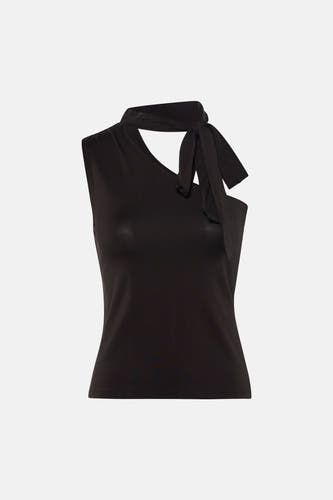Bruine top van JDY van gladde stof met asymmetrische halslijn en strikdetail, mouwloos.