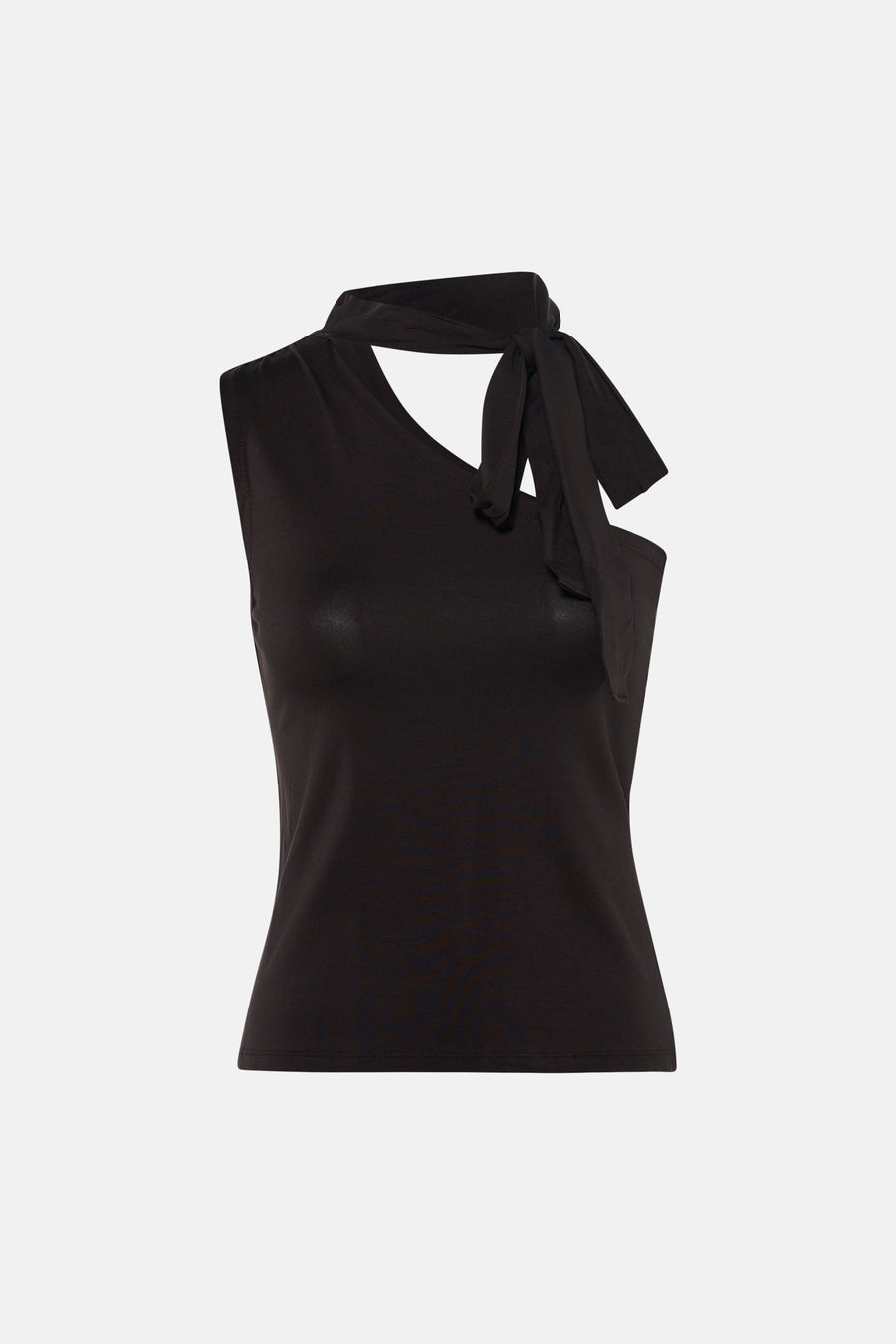 Bruine top van JDY van gladde stof met asymmetrische halslijn en strikdetail, mouwloos.