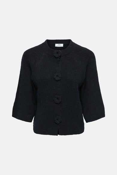 Cardigan bleu marine de JDY, avec des manches trois-quarts et une texture côtelée sur le dos.