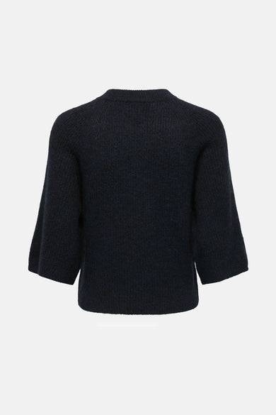 Donkerblauwe cardigan van JDY, met driekwart mouwen en ribgebreide textuur, rugzijde.
