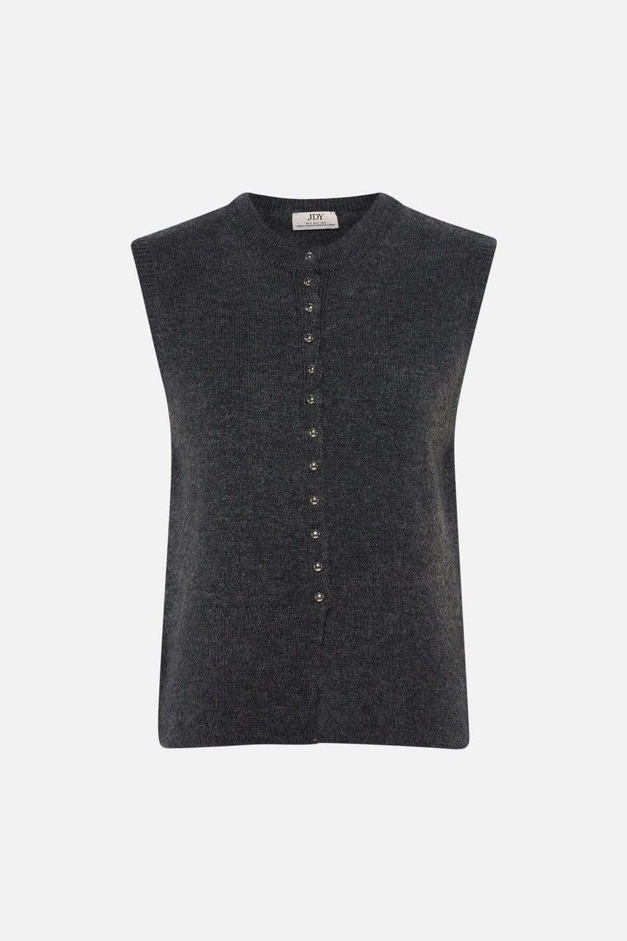 Donkergrijze melange gilet zonder mouwen van JDY, met ronde hals en knopen voor, fijn gebreid textuur, front view
