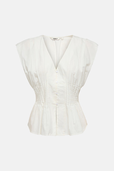 Witte mouwloze blouse van ONLY® met V-hals, knoopsluiting en plooien op de voorkant.