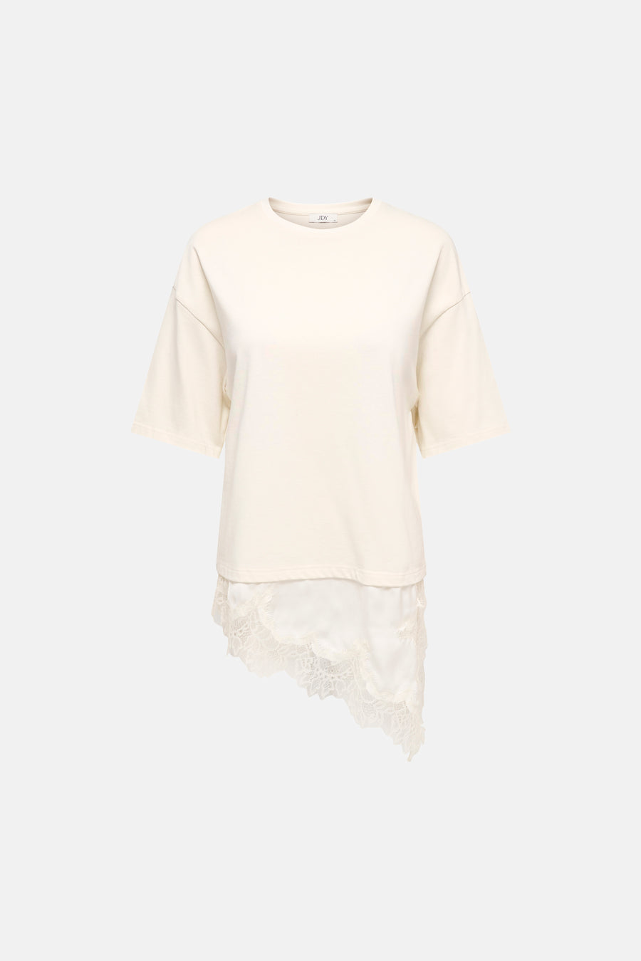 Beige T-shirt met korte mouwen van JDY, met asymmetrische kanten details aan de onderkant.
