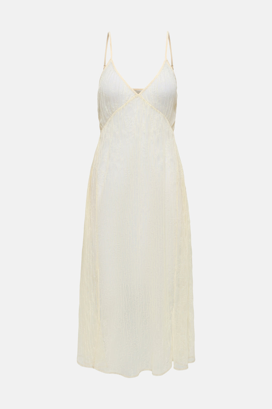 Ecru mouwloos kleedje van ONLY® met delicate kanten textuur, V-hals en dunne spaghettibandjes.