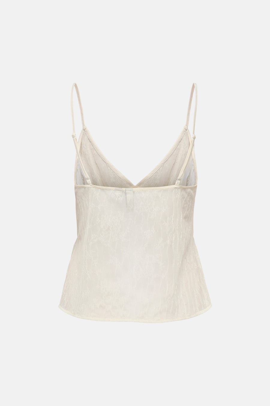 Ecru blouse van ONLY® met kanten textuur, verstelbare spaghettibandjes, gezien vanaf de achterkant.