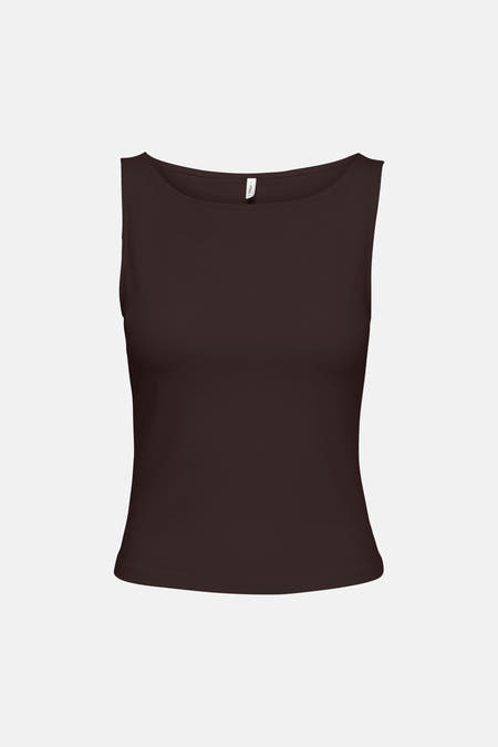 Bruine mouwloze top van ONLY® met ronde hals en een klein label in de nek.