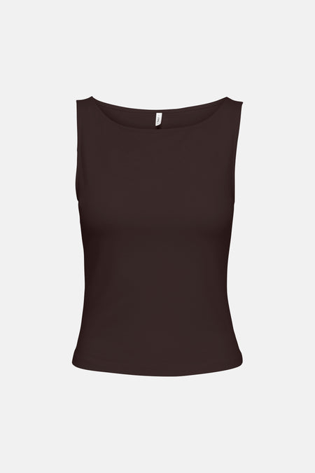Haut sans manches marron d'ONLY® avec col rond et une petite étiquette dans le cou.