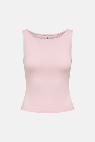 Haut sans manches rose d'ONLY® avec un col rond, une coupe ajustée et une petite étiquette dans le cou.