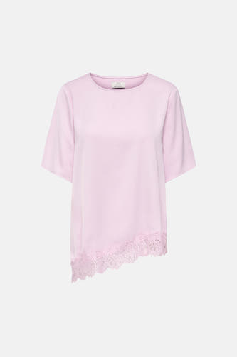 T-shirt rose de JDY à manches courtes, col rond et ourlet asymétrique avec détail en dentelle.