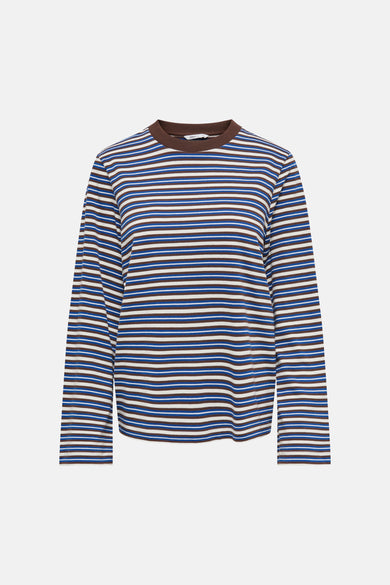 Lang mouw T-shirt met blauwe, bruine en crèmekleurige strepen van ONLY®, ronde hals, gestreept patroon, front view