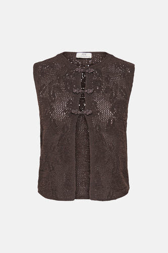 Bruine mouwloze gilet van JDY met open voorkant, decoratieve knopen en gebreide textuur, front view