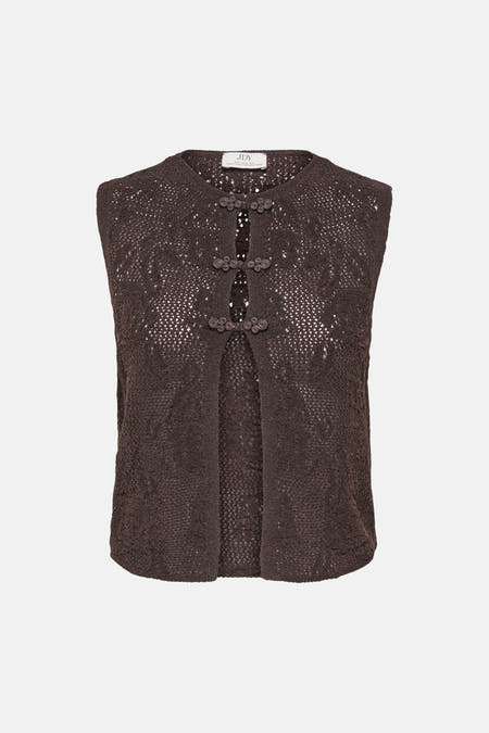Bruine mouwloze gilet van JDY met open voorkant, decoratieve knopen en gebreide textuur, front view