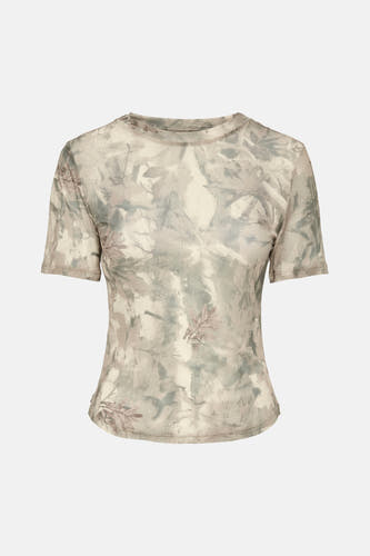 Groene korte mouwen t-shirt met bloemenprint van ONLY®, licht transparant, ronde hals, voorzijde weergave