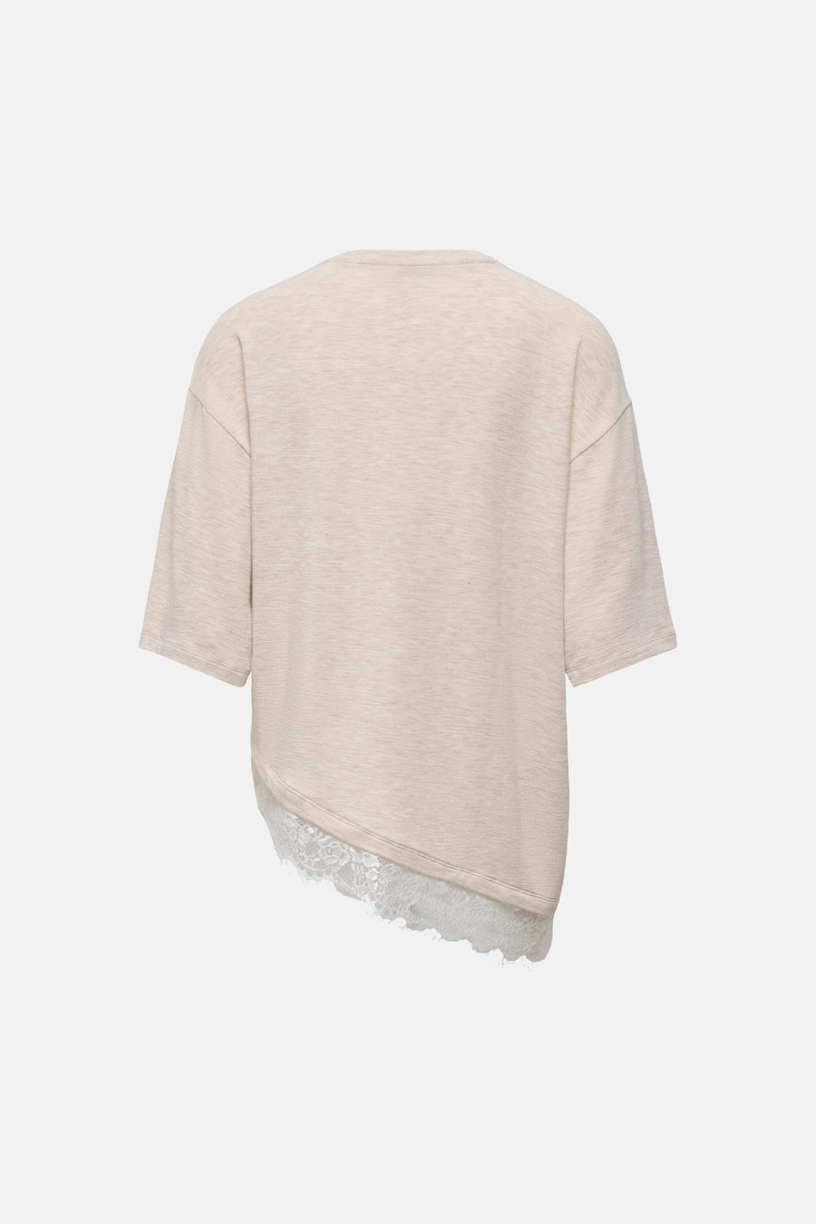 Oatmeal korte mouw T-shirt van ONLY® met asymmetrische zoom en kantdetail aan de onderkant, achterzijde weergegeven