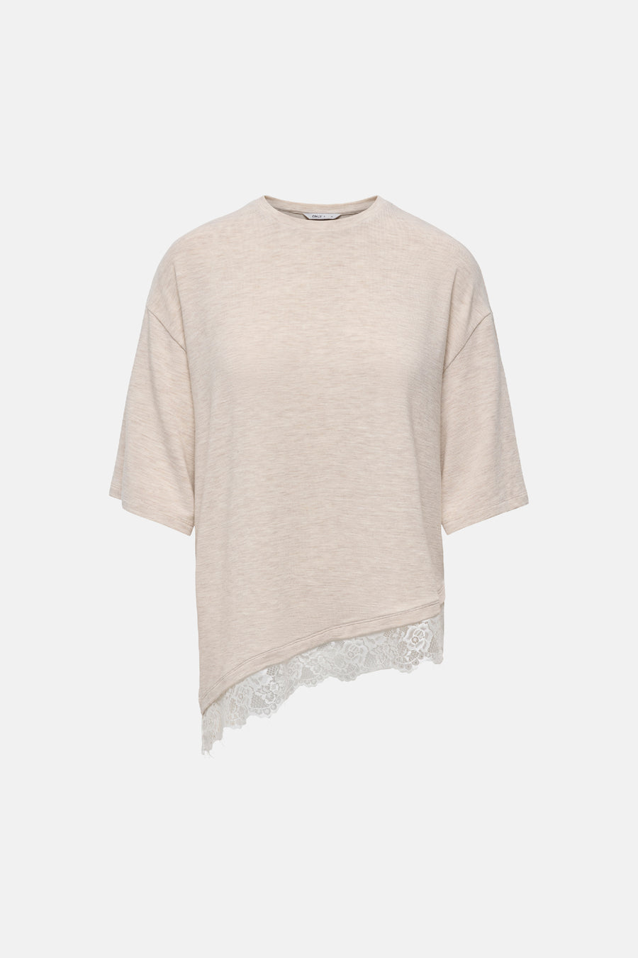 Oatmeal korte mouwen T-shirt van ONLY® met asymmetrische zoom en witte kantdetail aan de onderkant