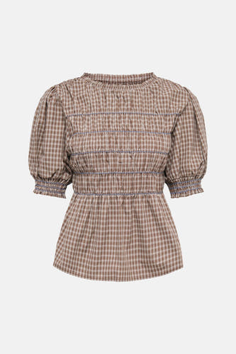 Bruine geruite blouse met korte pofmouwen van ONLY®, voorzien van elastische taille en blauwe steekdetails, front view