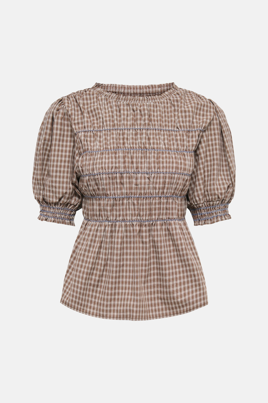 Bruine geruite blouse met korte pofmouwen van ONLY®, voorzien van elastische taille en blauwe steekdetails, front view
