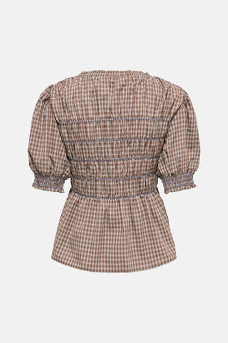 Bruine korte mouwen blouse met ruitpatroon van ONLY®, achterzijde met elastische plooien en blauwe accentnaden