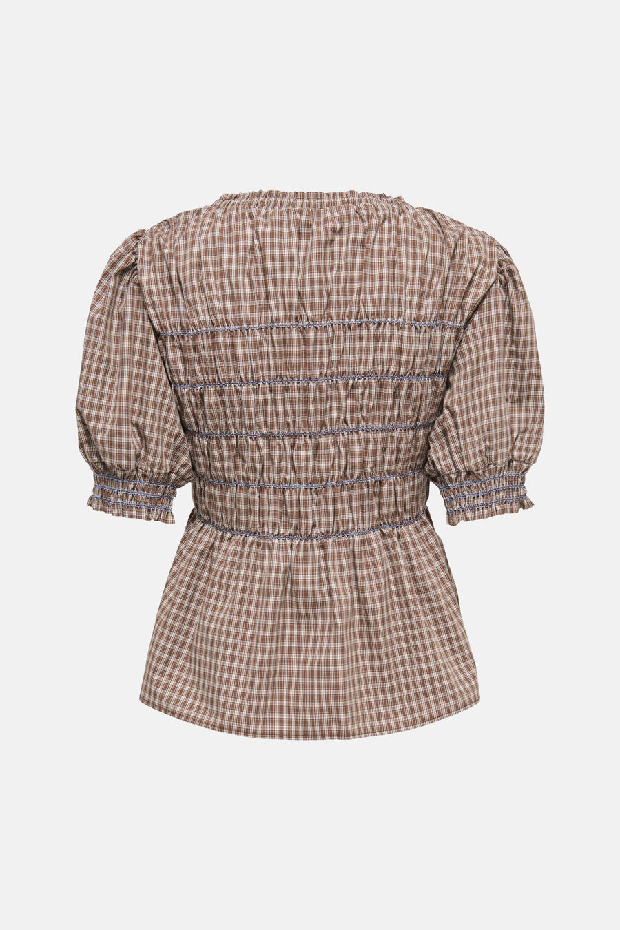Bruine korte mouwen blouse met ruitpatroon van ONLY®, achterzijde met elastische plooien en blauwe accentnaden