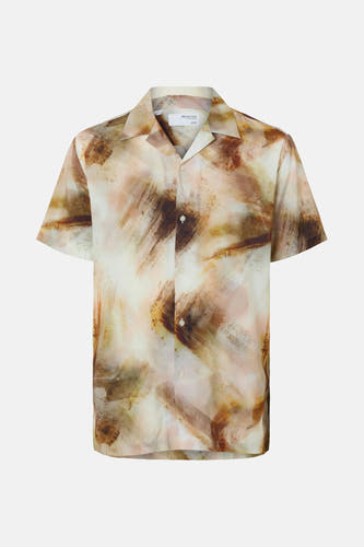 Bruin overhemd met korte mouwen van SELECTED HOMME, met een abstract, aquarelachtig patroon.