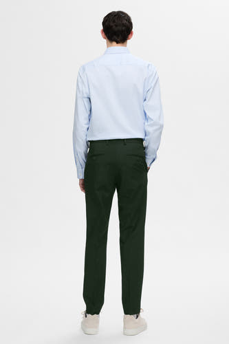 Pantalon de costume vert de SELECT SELECTED, vu vu der arrière avec un chemisier rayé bleu et des chaussures en cuir de mouton.