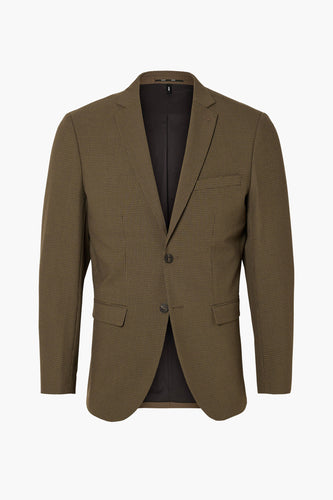 Bruine blazer van SELECTED, met een fijn ruitpatroon.

