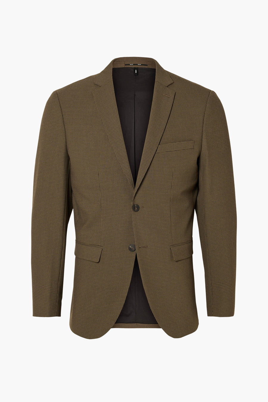 Bruine blazer van SELECTED, met een fijn ruitpatroon.
