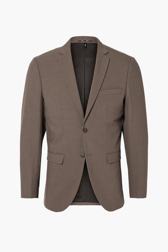 Bruine blazer van SELECTED, met een subtiel ruitpatroon en twee knopen aan de voorkant.