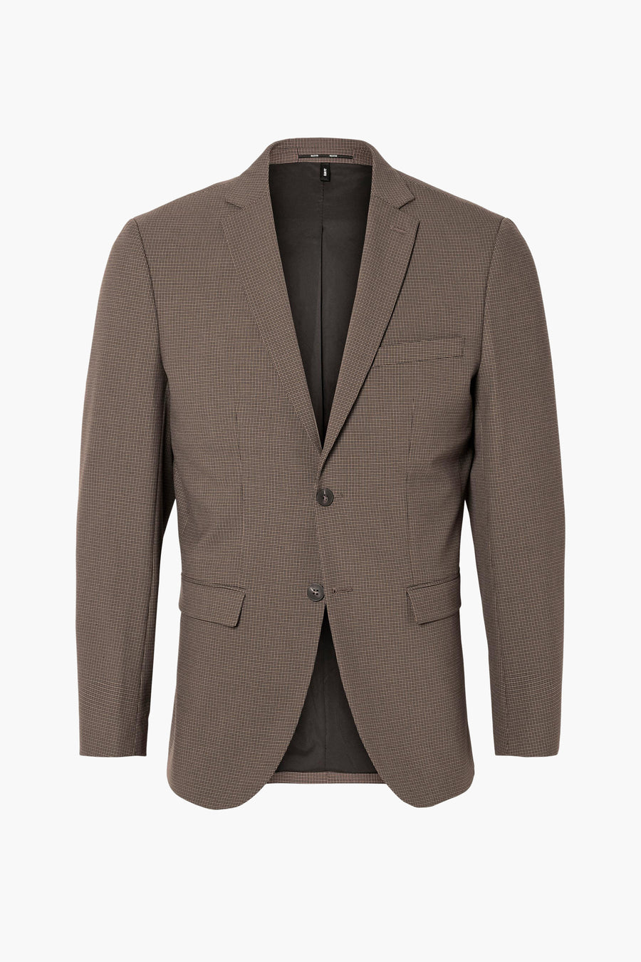 Bruine blazer van SELECTED, met een subtiel ruitpatroon en twee knopen aan de voorkant.