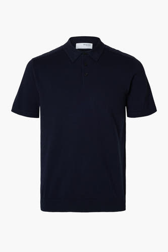 Blauwe polo met korte mouwen van SELECTED, met knoopsluiting en geribbelde boorden.
