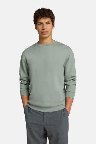 Groene sweater met ronde hals van SELECTED, met lange mouwen en ribboorden, gedragen door een man.