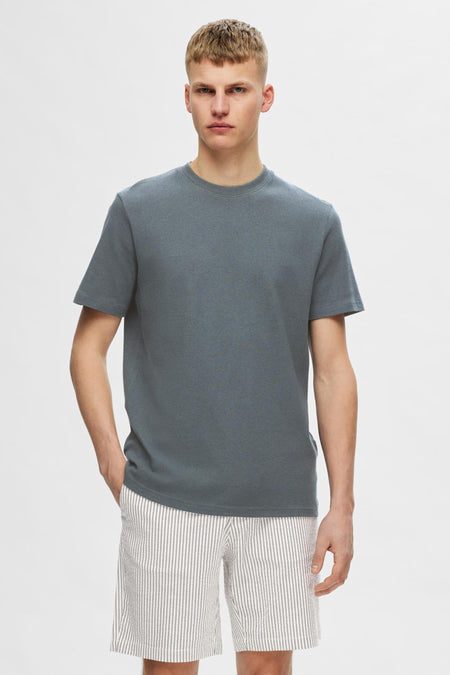 Grijs T-shirt met korte mouwen van SELECTED, gedragen met gestreepte shorts.
