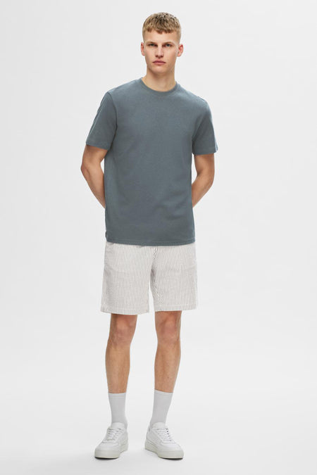 Grijs T-shirt met korte mouwen van SELECTED, gedragen met gestreepte shorts, witte sokken en witte sneakers.