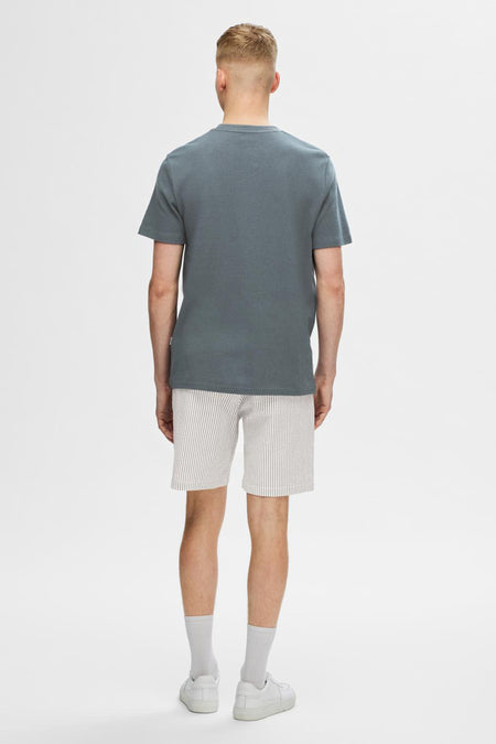 Grijs T-shirt met korte mouwen van SELECTED, met een effen design, gedragen met gestreepte shorts.

