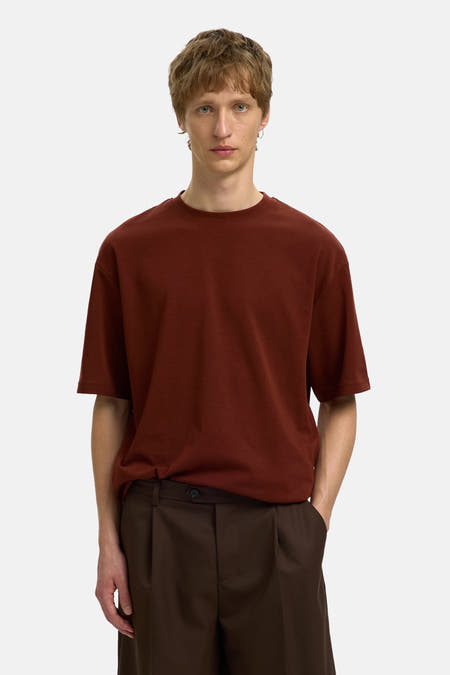 Bruine korte mouwen t-shirt van SELECTED, comfortabele fit, ronde hals, gedragen door model met donkere broek, front view