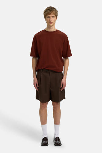 Bruine korte mouwen t-shirt van SELECTED, strakke pasvorm, ronde hals, gedragen met bruine korte broek en witte sokken, front view.