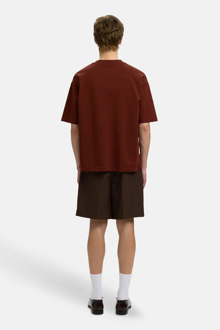 Bruine korte mouwen t-shirt van SELECTED, achterzijde, eenvoudig design, model draagt donkere korte broek en witte sokken