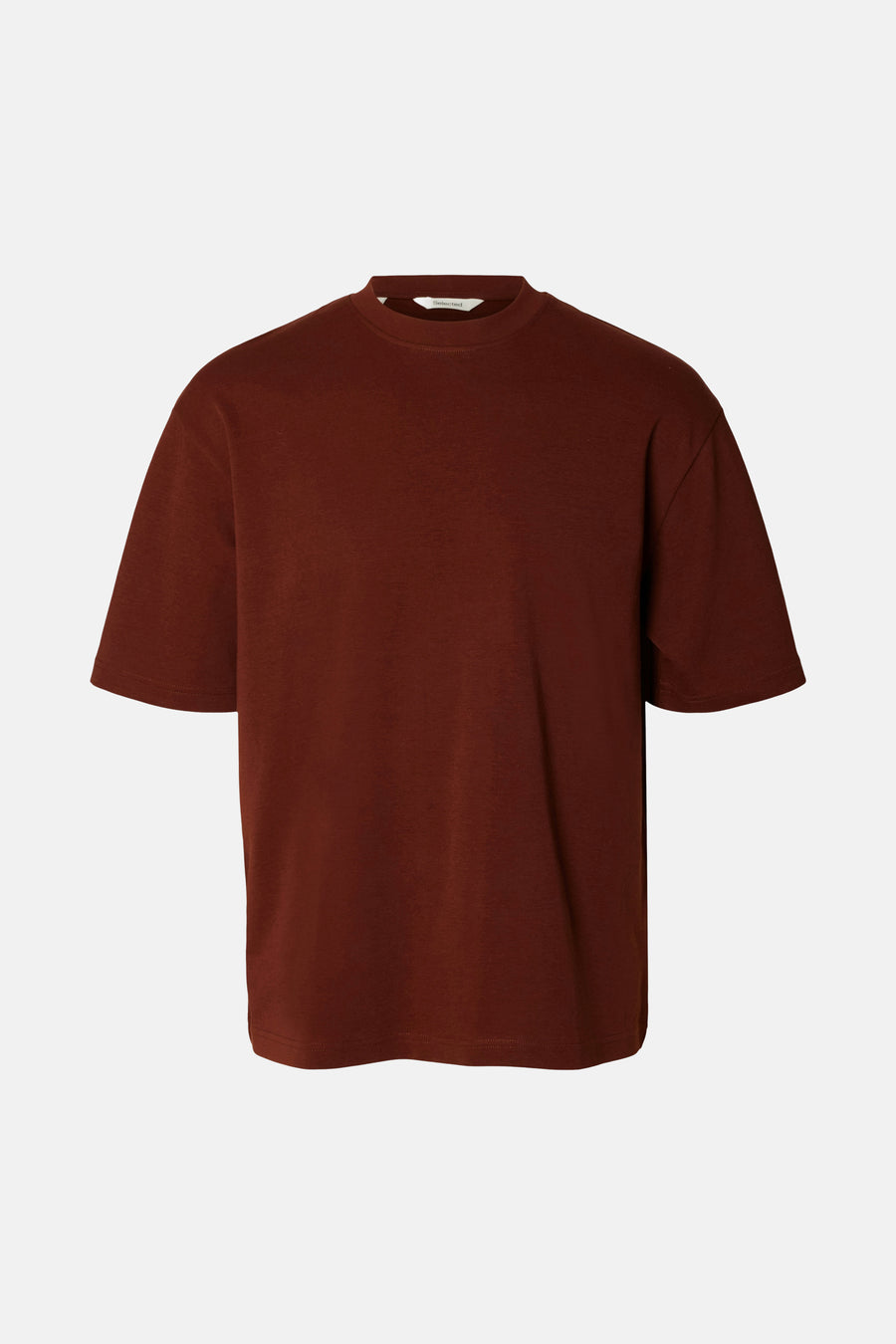 Bruine korte mouwen t-shirt van SELECTED, eenvoudig ontwerp met ronde hals en gladde stof, front view