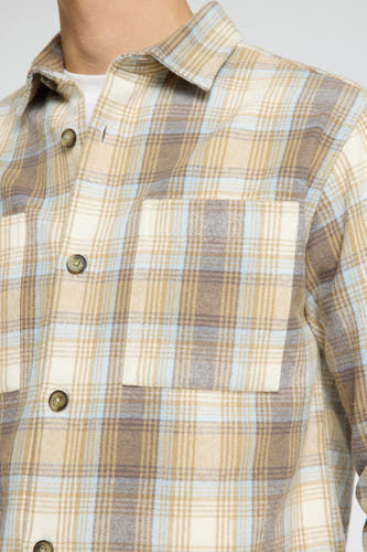 Beige overhemd met lange mouwen van SELECTED, met ruitpatroon en borstzak.
