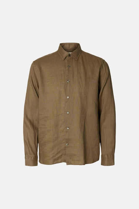 Chemise marron à manches longues de SELECTED, avec texture lin visible et fermeture boutonnée.