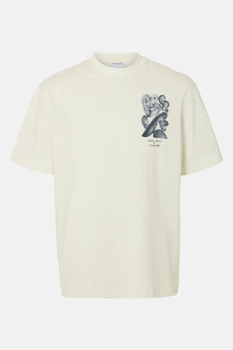 Ecru T-shirt met korte mouwen van SELECTED, voorzien van een abstracte grafische print op de borst.