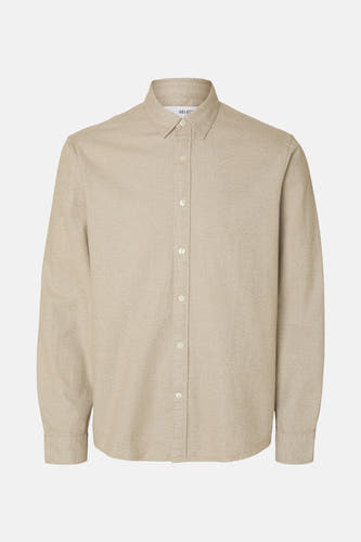 Beige overhemd met lange mouwen van SELECTED, effen geweven textuur.
