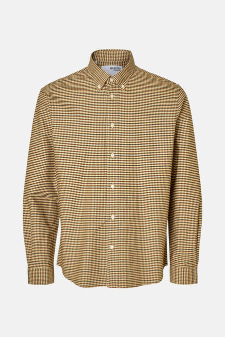 Chemise brune à longues manches de SELECTED, avec un petit motif à carreaux et des boutons blancs.
