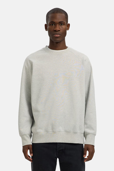 Pull-over gris de SELECTED, avec des manches longues et un col rond, porté avec un pantalon foncé.