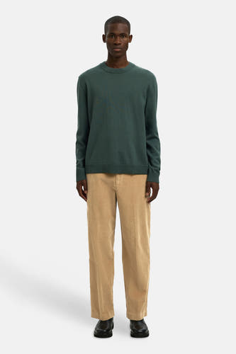 Bruine broek van SELECTED, gemaakt van corduroy, gecombineerd met een groene trui en zwarte schoenen.