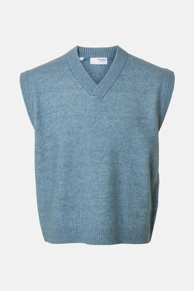 T-shirt bleu de SELECTED Homme, avec un col V et des finitions rayées.